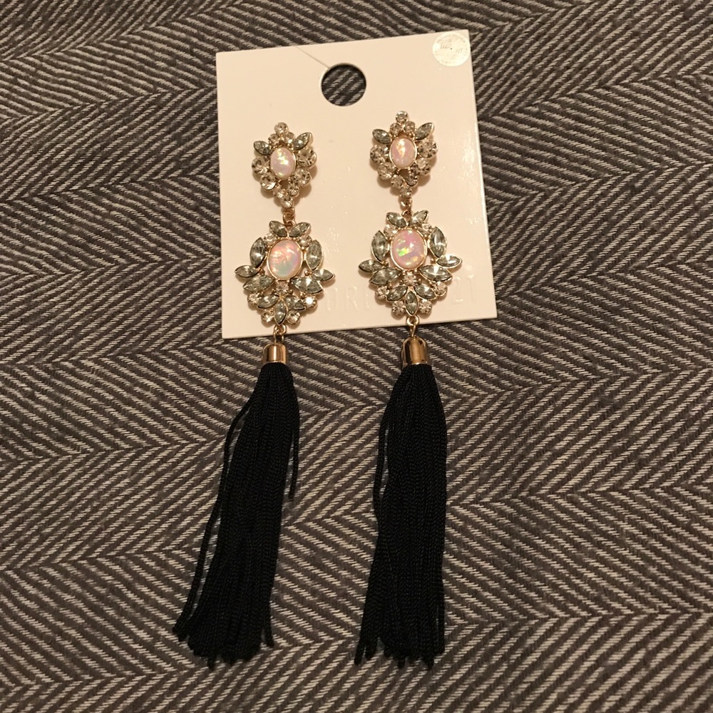 Black gem tassel earrings